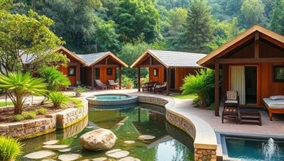 A serene and picturesque wellness retreat setting with lush greenery, calming water features, and cozy spa cabins, where guests are seen enjoying beauty treatments, yoga sessions, and healthy meals in a peaceful and rejuvenating environment, reflecting the harmony of beauty and wellness at the retreat.