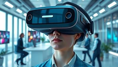 An artistic representation of a virtual reality headset displaying a futuristic office environment where a candidate is engaging in a VR interview, surrounded by digital avatars of interviewers and interactive elements, showcasing the immersive experience.