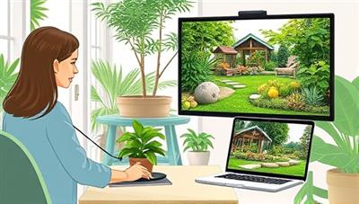 An illustration of a virtual gardening consultation session where a gardening expert advises a client on plant selection and garden layout through a telecommunications platform, with images of lush green gardens and eco-friendly landscaping ideas displayed on the screens, portraying the beauty and sustainability of the service.