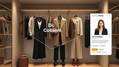 An elegant and modern virtual closet interface displaying curated outfits and accessories, with AI suggestions popping up beside the user's profile picture, illustrating StyleGenie's personalized styling assistance.