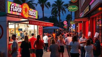 A vibrant street scene showcasing Flavor Fusion Truck's food truck setup with colorful signage, a bustling crowd of diners customizing their meals, a live band playing energetic music, and chefs engaging with customers to create a lively and immersive dining experience, capturing the essence of culinary creativity and entertainment.