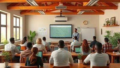 An inspiring visual of a virtual classroom environment with diverse students engaging in interactive agricultural lectures and workshops online, showcasing the inclusive and educational atmosphere of the FarmPro Academy e-learning platform.