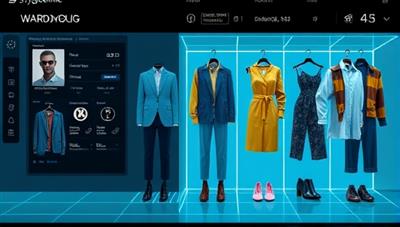 An AI algorithm analyzing style preferences and clothing items, presenting a digital wardrobe simulation with various outfit combinations, reflecting the personalized styling service of StyleGenie AI.