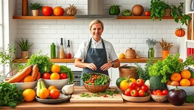 A vibrant kitchen setting with fresh produce, plant-based ingredients, cooking utensils, and a chef leading a hands-on cooking class on preparing a colorful plant-based feast, inspiring viewers to explore the world of vegetarian and vegan cuisine.