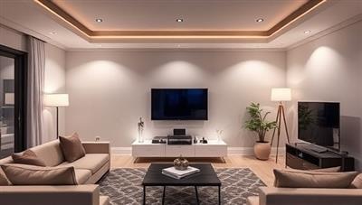 A modern living room with voice-activated lights, a smart thermostat, and a home entertainment system all seamlessly integrated, showcasing the convenience and luxury of a smart home setup.