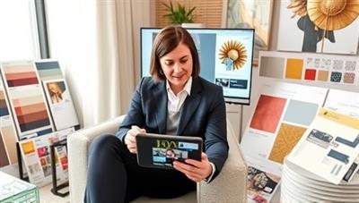 An interior designer conducting a virtual consultation with a client via video call, sharing mood boards and design sketches on a digital tablet while surrounded by swatches, paint samples, and design magazines, exuding creativity and sophistication.