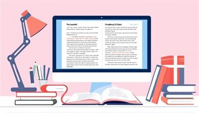 An illustration of an editor reviewing a manuscript on a computer screen, with redline edits and comments, surrounded by editing tools and reference books, symbolizing precision and professionalism in the editing process.