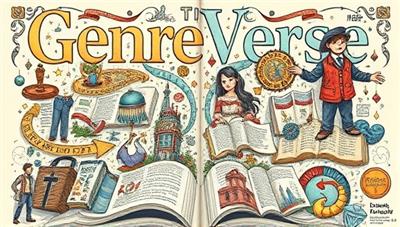 An immersive genre-specific magazine cover featuring intricate illustrations, thematic typography, and iconic symbols representing the essence of the genre, inviting readers into a world of creativity and storytelling within GenreVerse.
