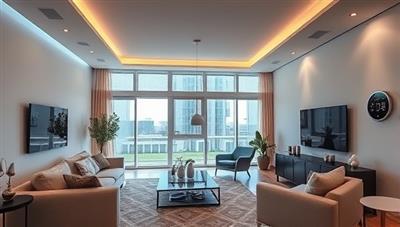 A modern living room with integrated smart home devices, such as voice-controlled lighting, automated blinds, and a smart thermostat, creating a futuristic and comfortable atmosphere in a renovated space.