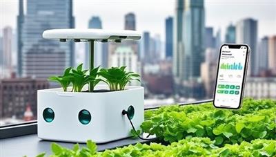 A modern, sleek urban farming kit with compact planters, integrated smart sensors, and a mobile app interface for monitoring plant health, set against a backdrop of a bustling cityscape with greenery in the foreground, emphasizing sustainability in urban living.