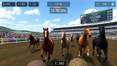 A dynamic scene from a virtual horse race with detailed horse animations, a cheering crowd in the background, and a digital scoreboard displaying race statistics, capturing the excitement and realism of the virtual horse racing simulation.