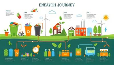 A dynamic infographic depicting the journey of organic waste from collection to energy conversion, with vibrant illustrations of waste bins, recycling facilities, and energy generation processes, illustrating the concept of circular economy and renewable energy production.