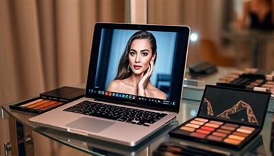 A laptop screen showing a makeup artist demonstrating a step-by-step tutorial on creating a glamorous evening look, with makeup brushes and palettes neatly arranged on a stylish vanity table, showcasing the interactive and educational aspect of the workshops.