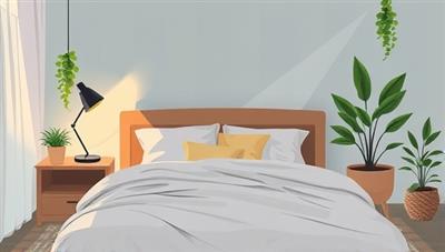 An eco-friendly digital illustration of a cozy bedroom setting with sustainable bedding, natural sleep aids, potted plants, and dim lighting, creating a serene and tranquil sleep environment that promotes relaxation and eco-conscious sleep practices.