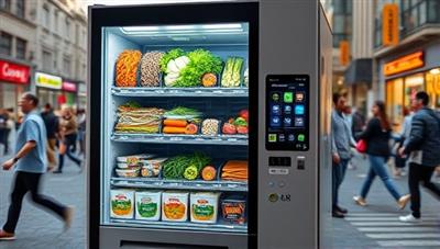 A sleek and modern vending machine displaying a variety of fresh ingredients behind glass compartments, with a touch screen interface for customers to customize and order their meals, set against a bustling urban backdrop, illustrating convenience and choice in on-the-go dining.