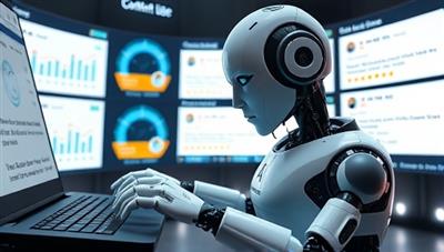 An AI-powered robot typing on a keyboard with various screens displaying content creation statistics and positive user reviews in the background, illustrating efficiency and innovation.