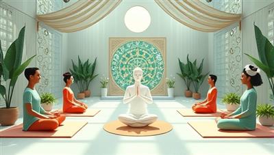 A virtual wellness sanctuary scene with avatars meditating, practicing yoga, and engaging in mindfulness activities in a tranquil and serene environment, promoting holistic healing and self-care in a digital retreat setting.