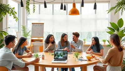 An artistic visual representation of a virtual eco-living hub with interactive workshops on sustainable fashion, upcycling projects, and eco-friendly home solutions, featuring eco-conscious participants engaging in hands-on activities and discussions, promoting a greener and more sustainable lifestyle in the digital realm.