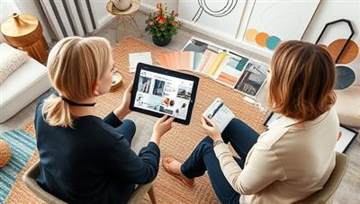 A visually appealing scene of a virtual interior design consultation with a designer presenting a mood board and design proposals on a digital tablet to a client, surrounded by fabric swatches, paint samples, and decorative elements, creating a stylish and inspirational atmosphere.