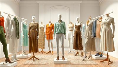 A digital fashion studio scene with a diverse range of eco-friendly clothing designs, accessories, and textiles displayed on virtual mannequins, reflecting the creativity and sustainability focus of the EcoChic Studio platform.
