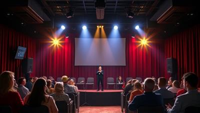 An artistic depiction of a virtual comedy club stage with a spotlight, microphone, and virtual audience reactions, capturing the essence of a lively and entertaining online comedy show experience.
