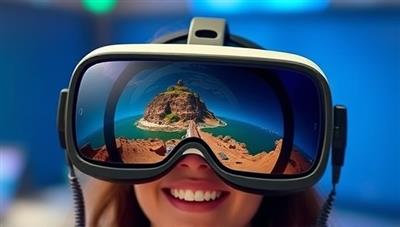 An immersive virtual reality travel experience displayed on a headset, showing a user exploring a picturesque destination with 360-degree views, interactive elements, and cultural insights, creating a sense of wanderlust and discovery in the digital realm.