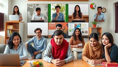 An engaging virtual classroom setting with tutors and students from diverse cultural backgrounds engaging in language and cultural exchange activities, sharing stories, traditions, and language tips, fostering a sense of global community and connection.