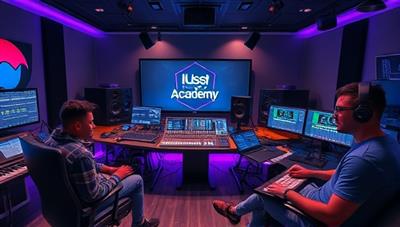 An immersive visual of a virtual music production studio environment, with aspiring producers interacting with virtual instruments, mixing tracks on digital interfaces, and receiving feedback from industry professionals, capturing the essence of MelodyMakers Academy as a hub for music production education and creativity.