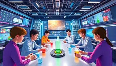 An exciting virtual world filled with science labs, engineering challenges, mathematical puzzles, and futuristic technology, where avatars representing students engage in hands-on STEM learning activities, fostering curiosity and exploration.