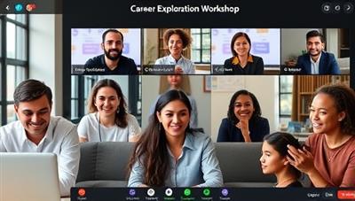 An engaging webinar scene featuring a diverse group of students participating in a virtual career exploration workshop, with industry professionals sharing insights and advice on different career paths, highlighting the interactive and informative nature of CareerQuest's events.