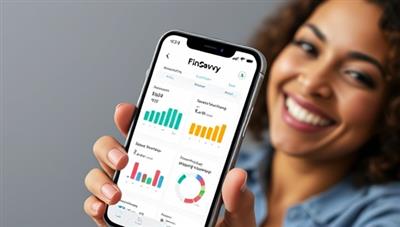 An engaging visual of a smartphone screen displaying the FinSavvy AI app interface, showcasing colorful graphs, budgeting tools, and personalized financial recommendations, with a user smiling in satisfaction.