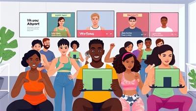 A dynamic digital illustration of a diverse group of individuals working out together virtually, with interactive workout screens, motivational messages, and virtual trainers guiding the session, conveying a sense of community and empowerment.