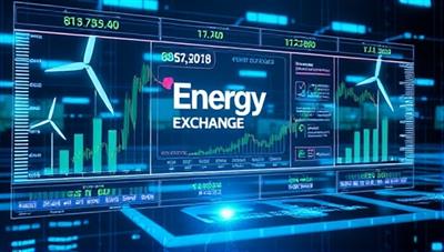 An artistic depiction of a digital energy exchange platform with renewable energy symbols and trading graphs, representing the transparent and dynamic marketplace of Energy Exchange Hub in a futuristic and eco-friendly setting.