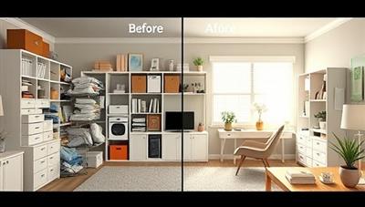 A digital visualization showcasing a cluttered room transforming into a beautifully organized space through virtual home organization consultations, featuring labeled storage solutions, minimalist decor, and a serene ambiance, illustrating the transformative power of virtual decluttering services.