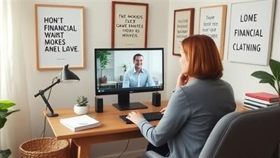 A cozy home office setup with a financial coach engaging in a virtual coaching session with a client via video call, surrounded by motivational quotes and financial planning books, creating a supportive and empowering atmosphere.