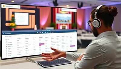 An event planner virtually coordinating a virtual conference setup, reviewing guest lists and event schedules on a digital dashboard, with virtual event props and decorations in the background, creating a dynamic and organized event planning atmosphere.