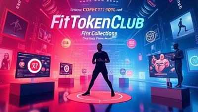 An artistic representation of the FitTokenClub platform showcasing digital fitness collectibles, exclusive NFT rewards, and virtual fitness events, combining blockchain technology with fitness experiences in a visually captivating and futuristic setting.