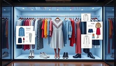 An interactive screen displaying a virtual closet filled with clothing items, with AI-generated outfit suggestions popping up around it, creating a futuristic and engaging styling experience.