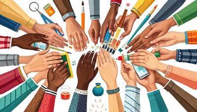 An artistic collage of diverse hands exchanging tools, paintbrushes, laptops, and other symbols of skills and knowledge, reflecting the dynamic and collaborative nature of SkillSwap Central.