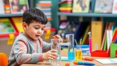 An image of a child enthusiastically conducting a science experiment from the STEMQuest Kit at a colorful, interactive learning station, surrounded by science tools and colorful educational materials, sparking curiosity and excitement.