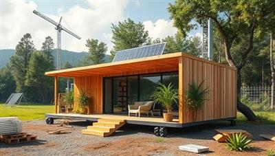 An image showcasing a modular eco-home construction site with sustainable materials like bamboo and recycled steel being assembled into a modern, eco-friendly dwelling, set against a backdrop of lush greenery and renewable energy sources, embodying the essence of sustainable living.