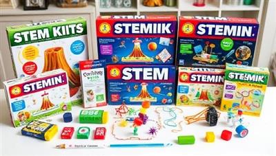 An array of colorful STEM kits arranged on a table, showcasing various experiments like building a mini volcano, creating a simple circuit, and constructing a miniature robot, evoking a sense of wonder and innovation in young minds.