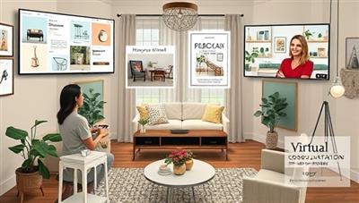 An artistic representation of a virtual interior design studio with digital mood boards, room layouts, and furniture selections displayed on screens, a designer consulting with a client on a video call, and a cozy room transformation visualized in real-time, capturing the essence of virtual design consultations.