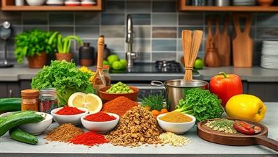 An enticing cooking setup with a variety of exotic spices, fresh produce, and cooking utensils laid out on a kitchen counter, ready for a virtual culinary journey around the world, showcasing the essence of Global Flavor Academy.