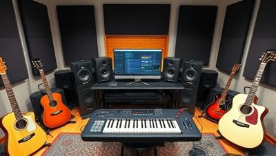 An online music production studio setup with a computer, MIDI keyboard, studio monitors, and mixing console, surrounded by musical instruments and soundproofing panels, creating a professional and creative environment for learning at SoundCraft Academy.