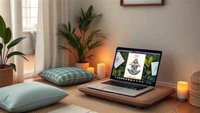 A serene virtual workshop setting with a cozy corner featuring meditation cushions, candles, and a laptop displaying a mindfulness session, creating a peaceful and inviting atmosphere for self-care.