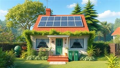 An inviting digital artwork depicting a lush eco-friendly rental property surrounded by greenery, solar panels on the roof, and recycling bins outside, conveying a harmonious blend of nature, sustainability, and comfort in a tranquil setting, ideal for eco-conscious travelers.