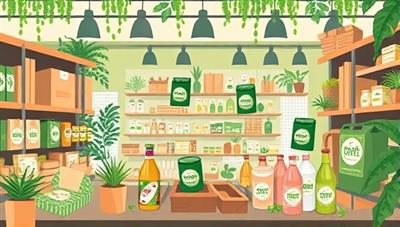 An artistic depiction of a vibrant online marketplace showcasing a variety of sustainable packaging options, highlighting the eco-friendly nature of the products available on EcoPack Hub.