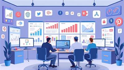 A digital illustration of an e-commerce optimization consultancy workshop, featuring experts analyzing website metrics, user interfaces, and product listings on multiple screens, surrounded by e-commerce branding elements and digital marketing visuals, symbolizing strategic growth and online success.