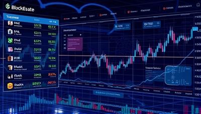 A futuristic digital exchange interface displaying tokenized real estate assets, trading charts, and transparent transaction records on a blockchain network, illustrating the innovative and secure features of BlockEstate for real estate investment.